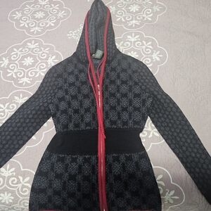 Eddie Bauer Black and Gray Patterned Hooded Cardigan